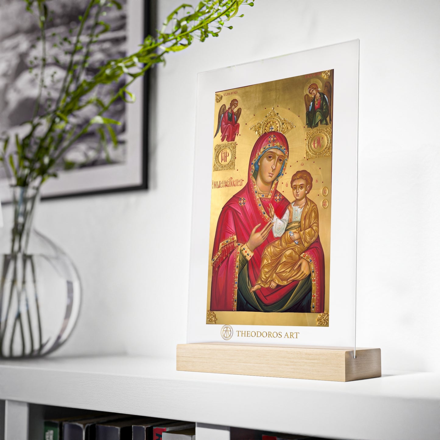 Semn religios acrilic cu suport din lemn – Icoana Fecioarei Maria