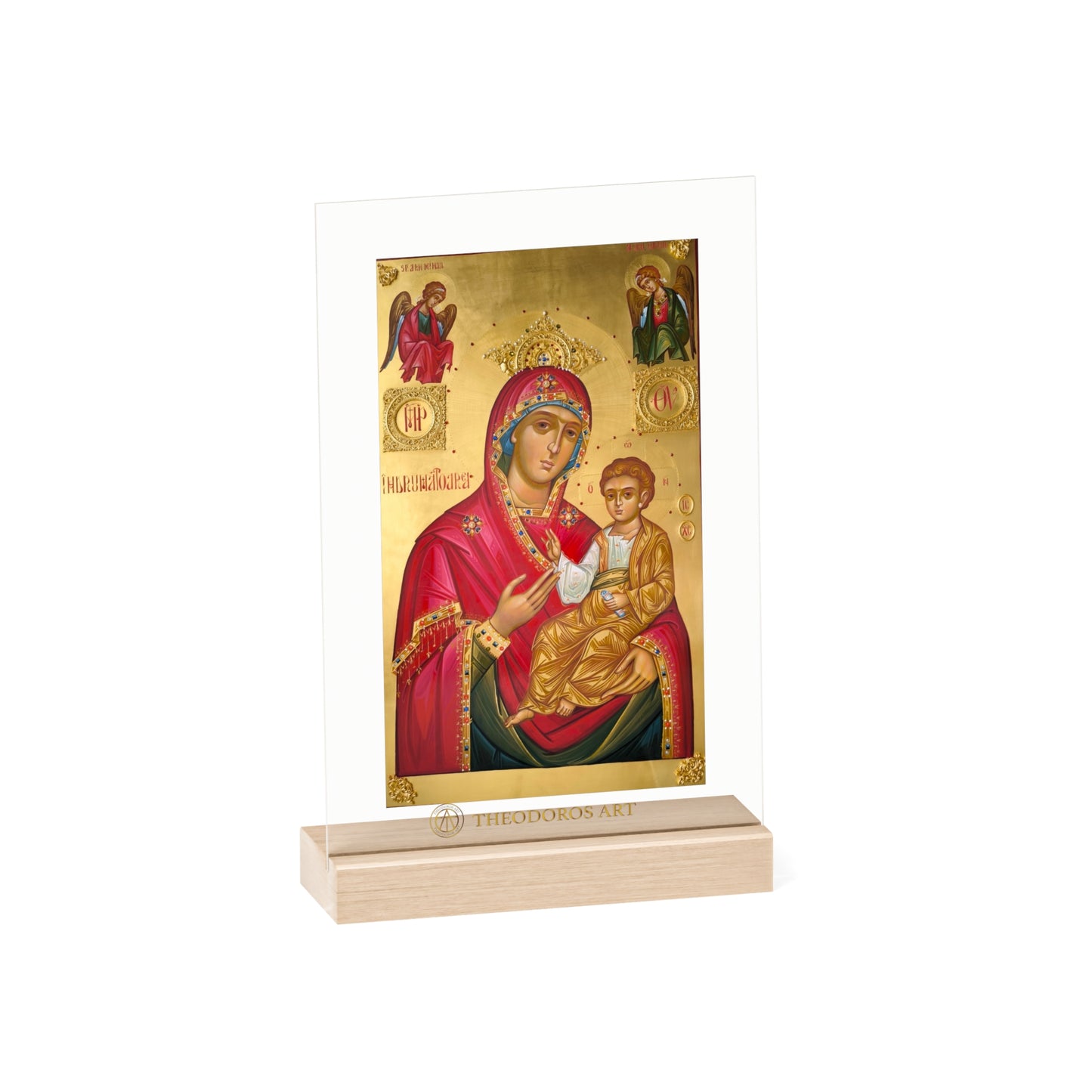 Semn religios acrilic cu suport din lemn – Icoana Fecioarei Maria