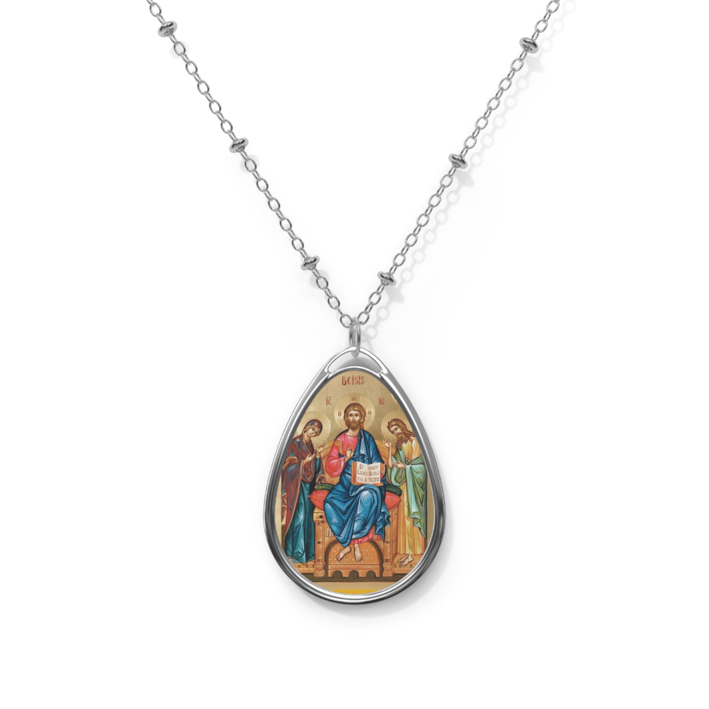 DEISIS- Jesus Christ on the Throne- Elegant Oval Necklace with Sacred Icon Charm - Spiritual Jewelry