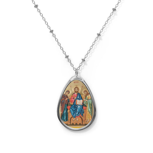 DEISIS- Jesus Christ on the Throne- Elegant Oval Necklace with Sacred Icon Charm - Spiritual Jewelry