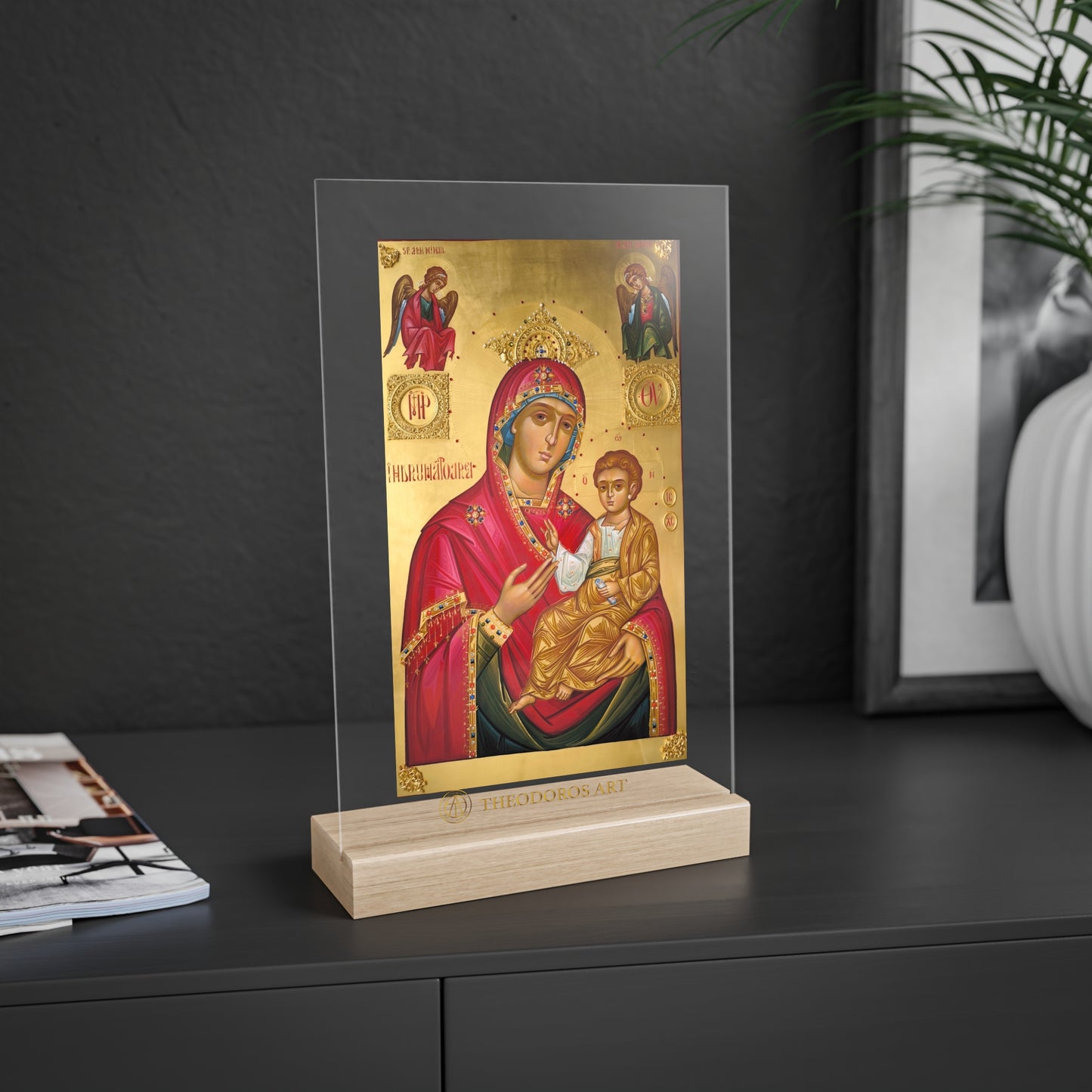 Semn religios acrilic cu suport din lemn – Icoana Fecioarei Maria