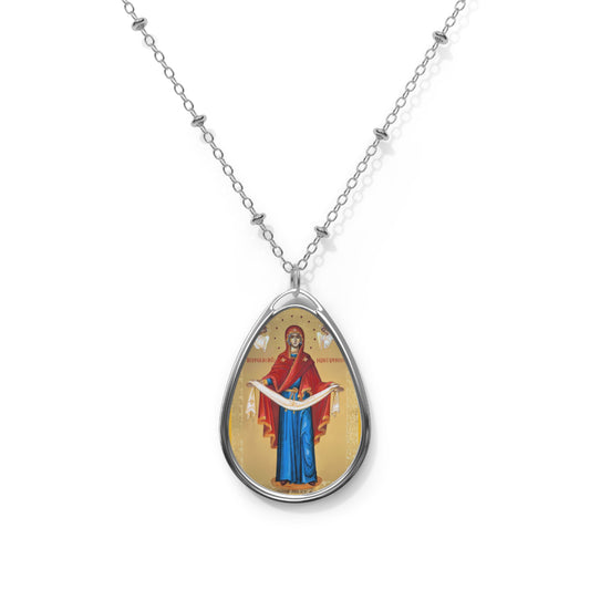 The Protection of the Mother of God -Religious Oval Necklace with Icon Pendant - Silver Necklace for Faith and Spirituality