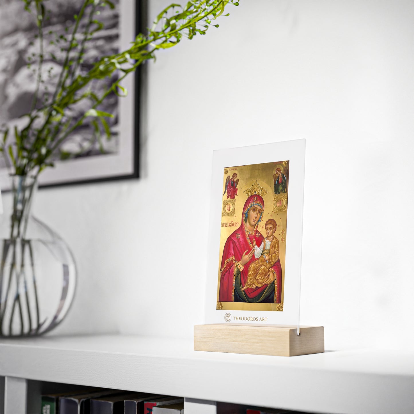Semn religios acrilic cu suport din lemn – Icoana Fecioarei Maria