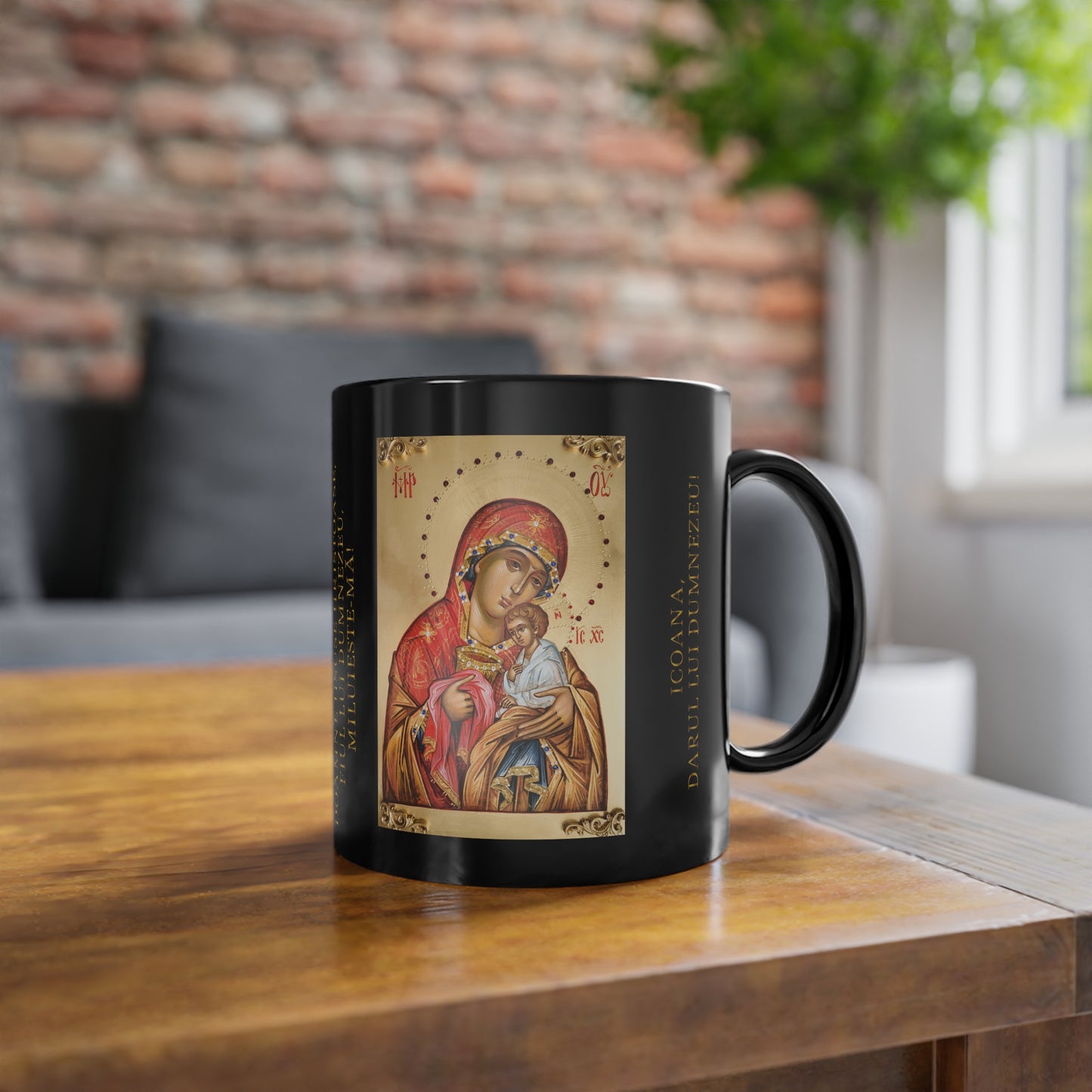 Elegant Black Coffee Cup with Religious Icon Art - 11oz Mug for Spiritual Reflection