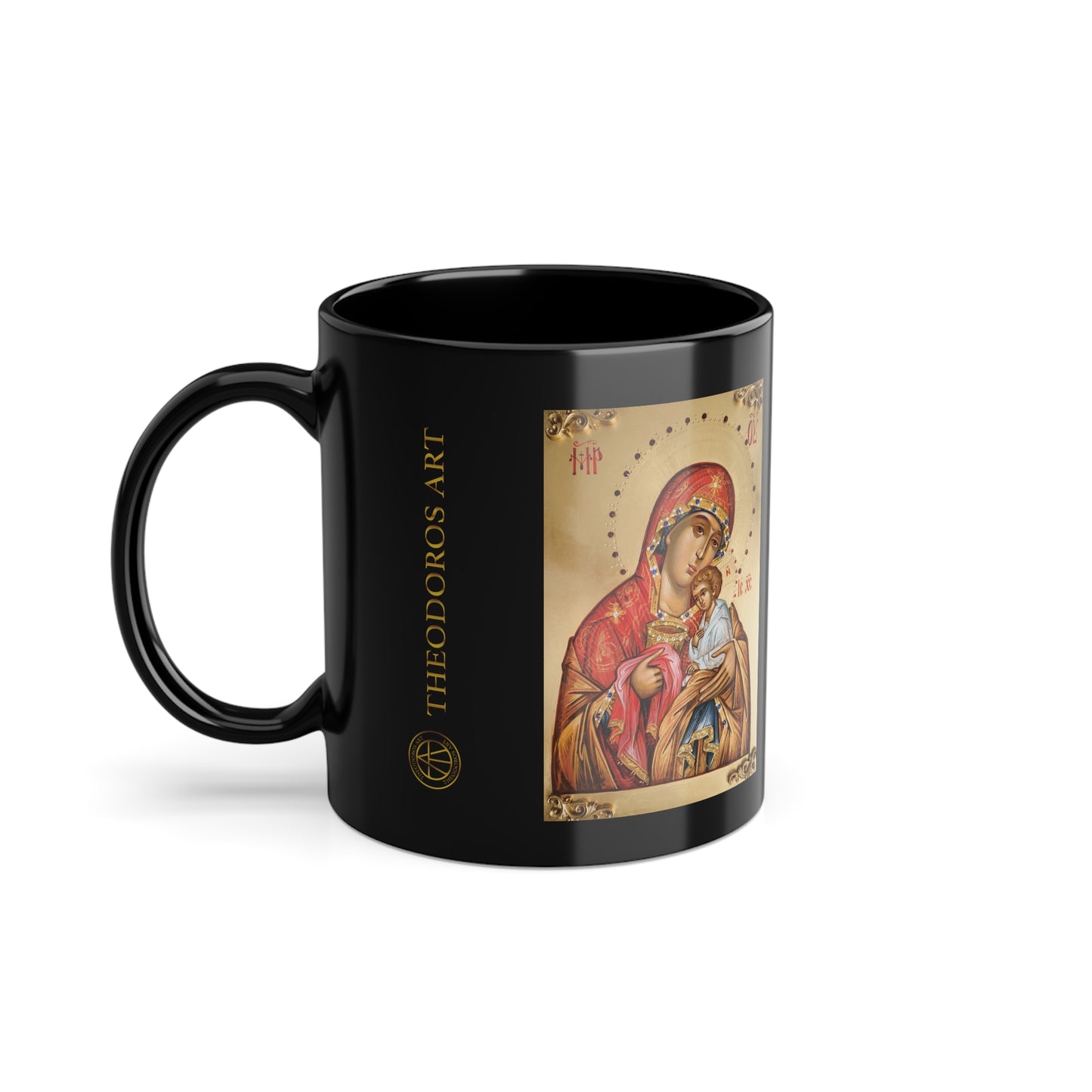Elegant Black Coffee Cup with Religious Icon Art - 11oz Mug for Spiritual Reflection